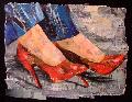 Eileen Downes artist collage red heels shoes torn paper painting