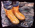 Eileen Downes artist collage shoes golashes yellow torn paper painting children