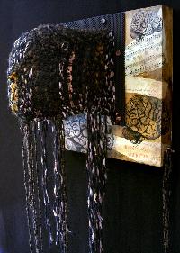 Eileen Downes artist collage assemblage yarn chain mask